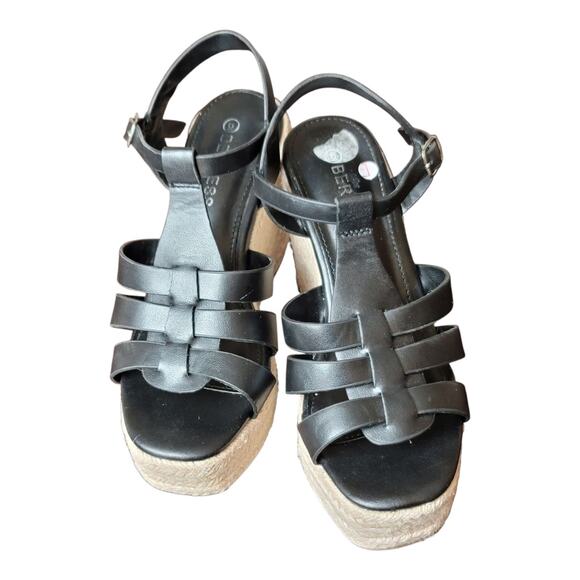 Berness Lotus Platform Espadrille Wedge Sandals Black Leather Women's Size 6 US - Picture 9 of 9